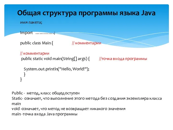 Общая структура программы языка Java имя пакета; Import ………….; public class