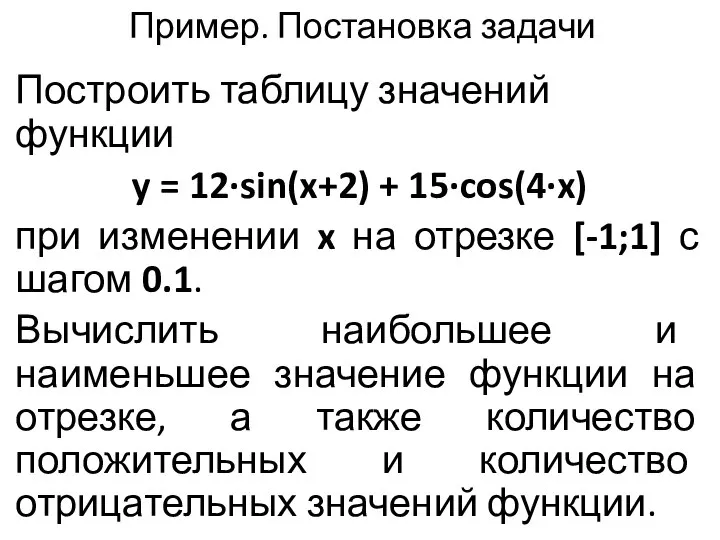 Пример. Постановка задачи Построить таблицу значений функции y = 12∙sin(x+2) +