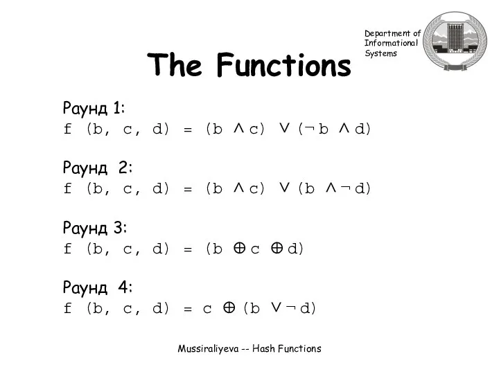 Mussiraliyeva -- Hash Functions The Functions Раунд 1: f (b, c,