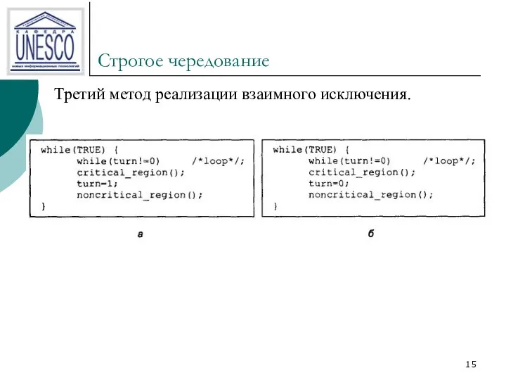 Строгое чередование Третий метод реализации взаимного исключения.