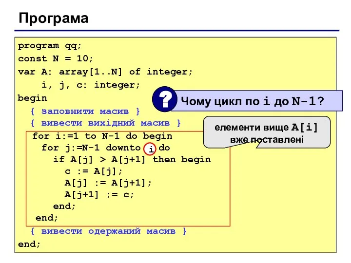 Програма program qq; const N = 10; var A: array[1..N] of