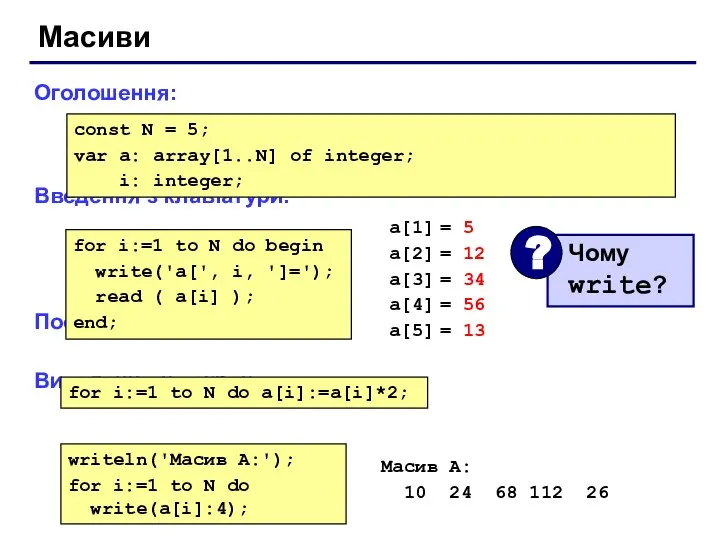 Масиви Оголошення: Введення з клавіатури: Поелементні операції: Виведення на екран: const