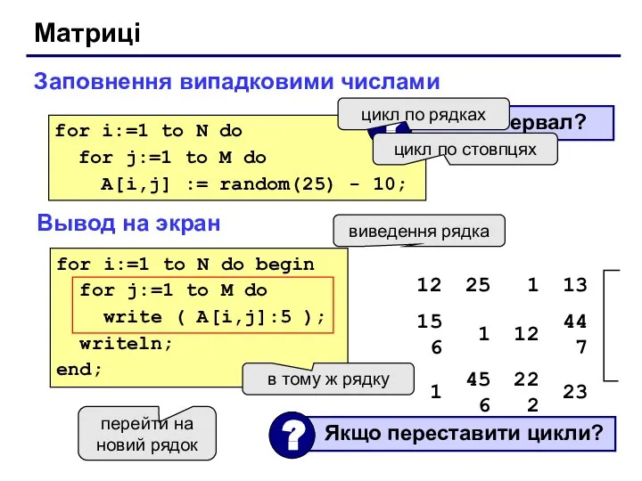 Матриці Заповнення випадковими числами for i:=1 to N do for j:=1