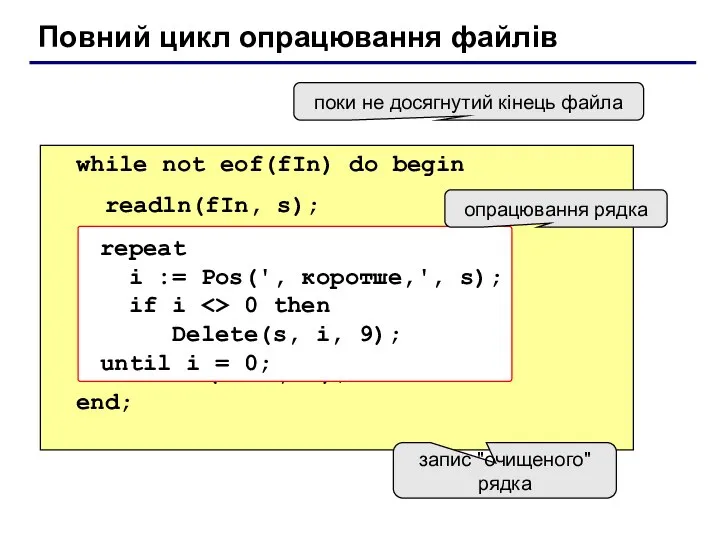 Повний цикл опрацювання файлів while not eof(fIn) do begin readln(fIn, s);