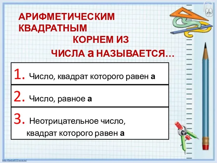 1. Число, квадрат которого равен а 2. Число, равное а 3.