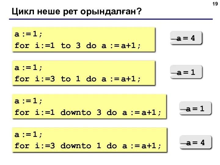 Цикл неше рет орындалған? a := 1; for i:=1 to 3