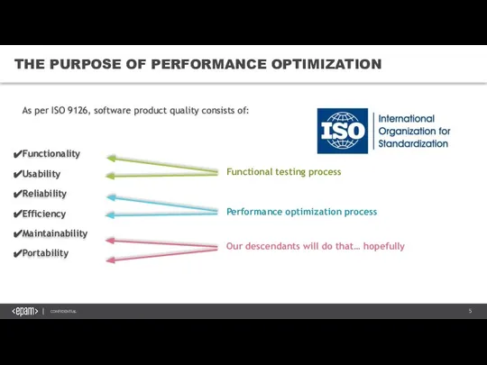 THE PURPOSE OF PERFORMANCE OPTIMIZATION As per ISO 9126, software product