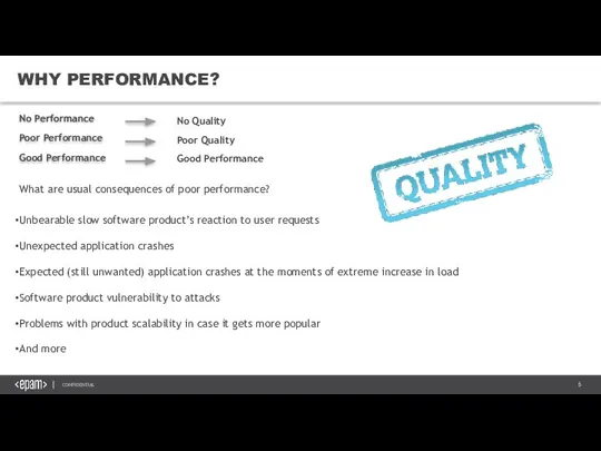 WHY PERFORMANCE? No Performance Poor Performance Good Performance No Quality Poor