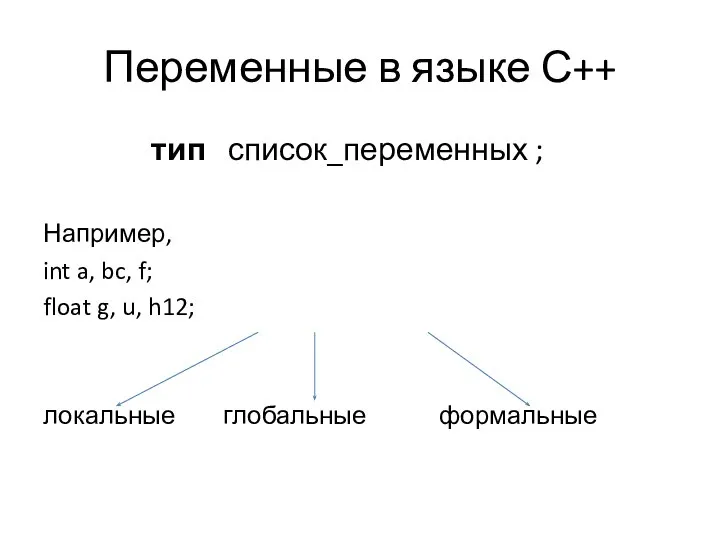 Переменные в языке С++ тип список_переменных ; Например, int a, bc,