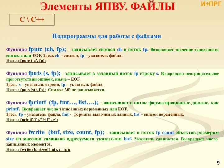 Подпрограммы для работы с файлами Функция fputc (ch, fp); – записывает