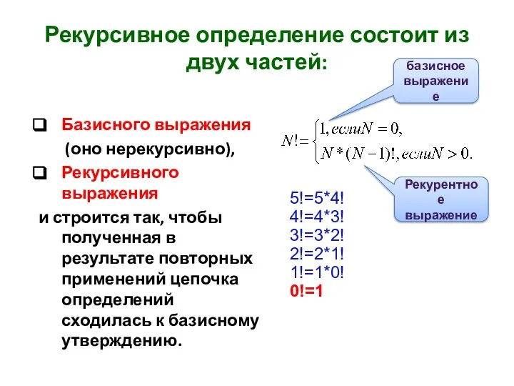 Рекурсивное определение состоит из двух частей: Базисного выражения (оно нерекурсивно), Рекурсивного