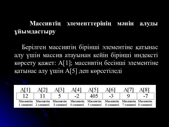 Массивтің элементтерінің мәнін алуды ұйымдастыру Берілген массивтің бірінші элементіне қатынас алу