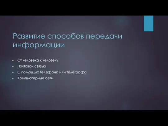 Развитие способов передачи информации От человека к человеку Почтовой связью С