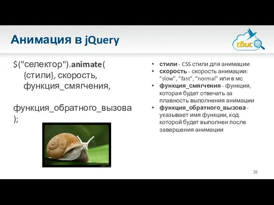 Анимация в jQuery $("селектор").animate( {стили}, скорость, функция_смягчения, функция_обратного_вызова ); стили -