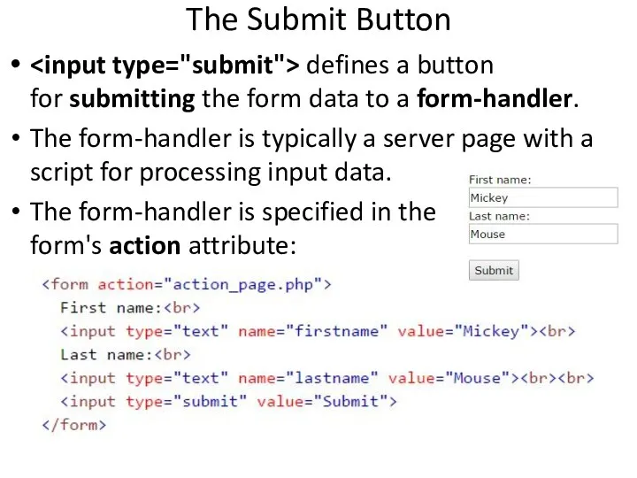 The Submit Button defines a button for submitting the form data