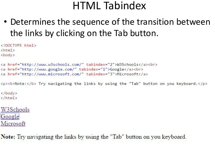 HTML Tabindex Determines the sequence of the transition between the links