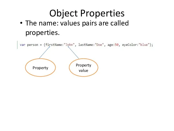 Object Properties The name: values pairs are called properties. Property Property value