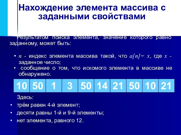 Нахождение элемента массива с заданными свойствами Результатом поиска элемента, значение которого