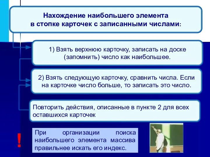 1) Взять верхнюю карточку, записать на доске (запомнить) число как наибольшее.