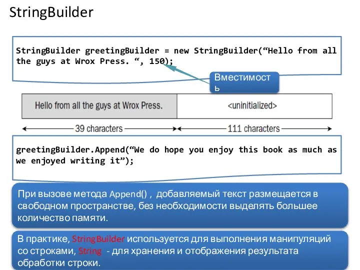 StringBuilder StringBuilder greetingBuilder = new StringBuilder(“Hello from all the guys at
