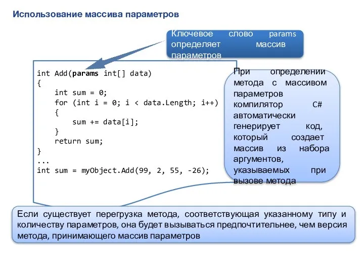 Использование массива параметров int Add(params int[] data) { int sum =