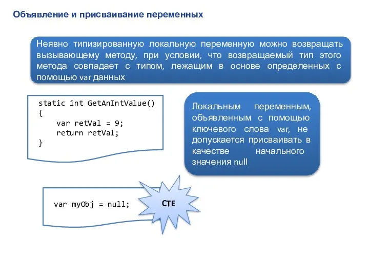 Объявление и присваивание переменных Неявно типизированную локальную переменную можно возвращать вызывающему