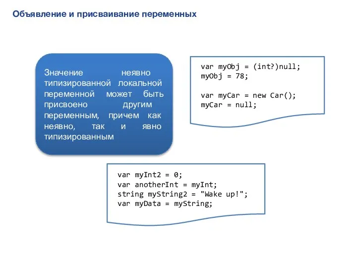 Объявление и присваивание переменных var myInt2 = 0; var anotherInt =