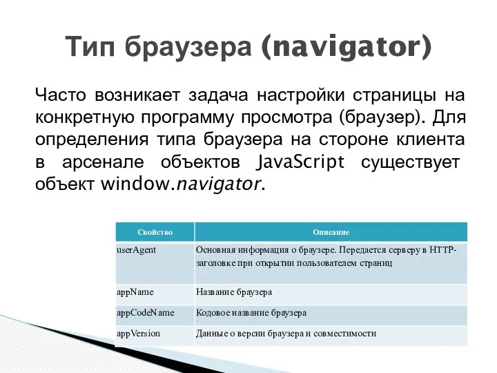 Часто возникает задача настройки страницы на конкретную программу просмотра (браузер). Для