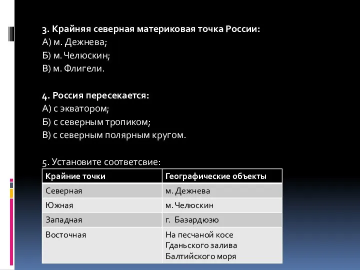 3. Крайняя северная материковая точка России: А) м. Дежнева; Б) м.