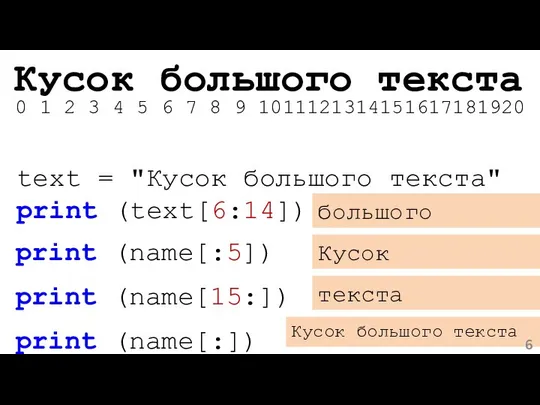 text = "Кусок большого текста" print (text[6:14]) большого Кусок большого текста