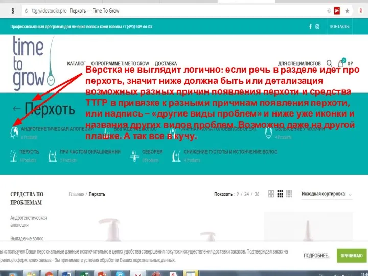 Верстка не выглядит логично: если речь в разделе идет про перхоть,