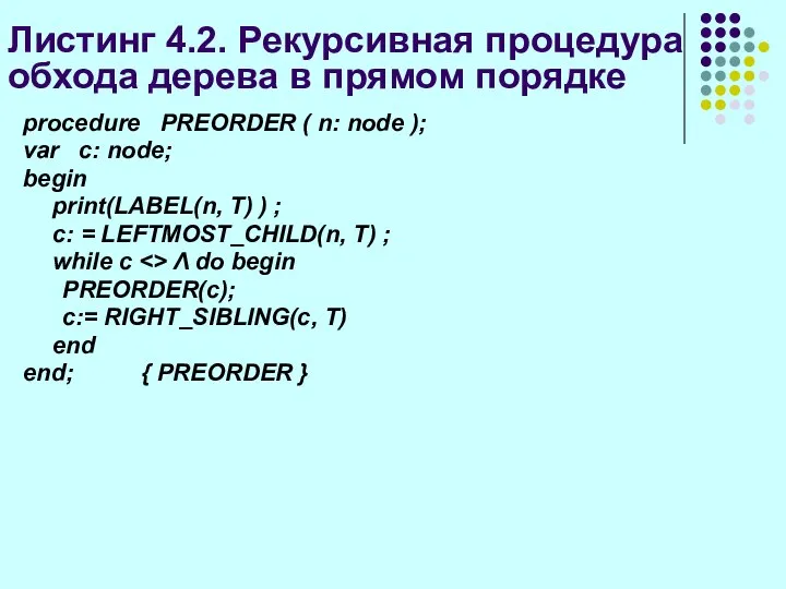 Листинг 4.2. Рекурсивная процедура обхода дерева в прямом порядке procedure PREORDER