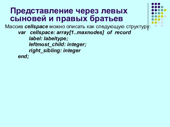 Массив cellspace можно описать как следующую структуру: var cellspace: array[1..maxnodes] of