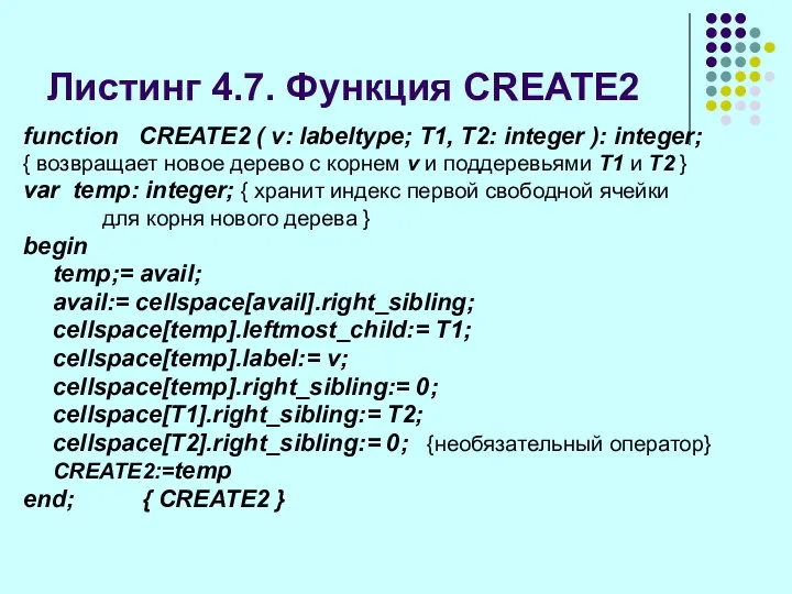 Листинг 4.7. Функция CREATE2 function CREATE2 ( v: labeltype; T1, T2: