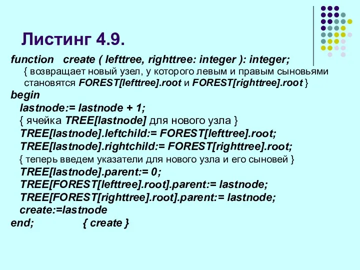 Листинг 4.9. function create ( lefttree, righttree: integer ): integer; {