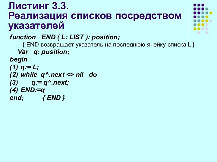 Листинг 3.3. Реализация списков посредством указателей function END ( L: LIST