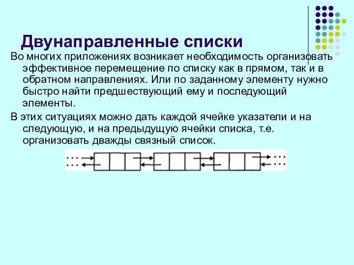 Двунаправленные списки Во многих приложениях возникает необходимость организовать эффективное перемещение по