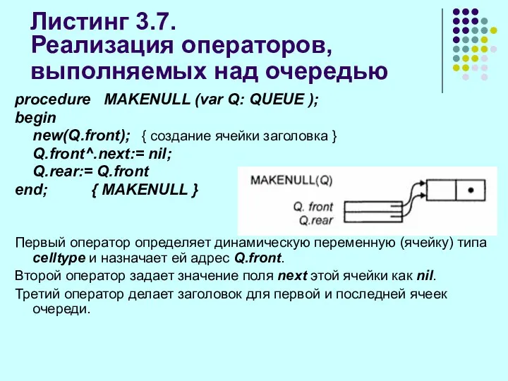 Листинг 3.7. Реализация операторов, выполняемых над очередью procedure MAKENULL (var Q: