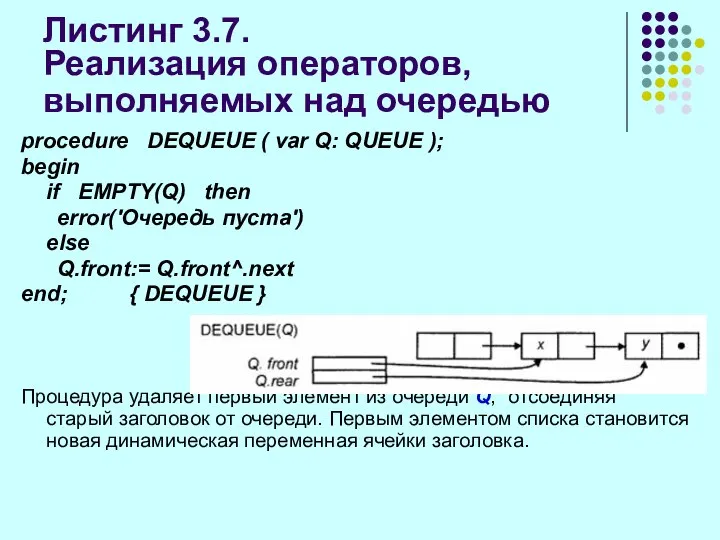 Листинг 3.7. Реализация операторов, выполняемых над очередью procedure DEQUEUE ( var