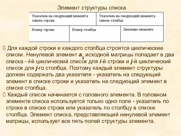 Для каждой строки и каждого столбца строятся циклические списки. Ненулевой элемент