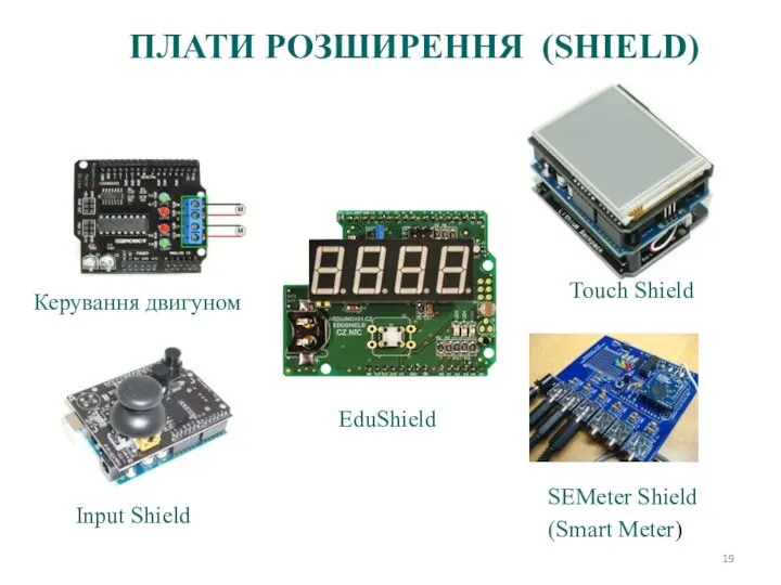 Керування двигуном Touch Shield Input Shield SEMeter Shield (Smart Meter) EduShield ПЛАТИ РОЗШИРЕННЯ (SHIELD)