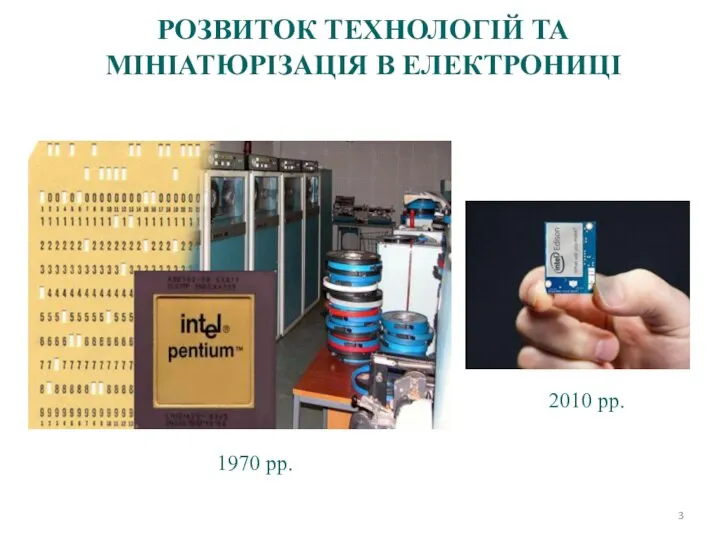 РОЗВИТОК ТЕХНОЛОГІЙ ТА МІНІАТЮРІЗАЦІЯ В ЕЛЕКТРОНИЦІ 1970 рр. 2010 рр.