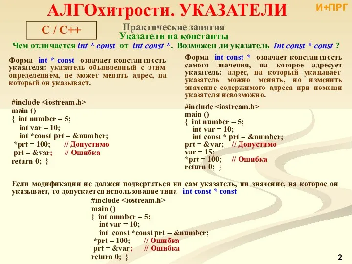 Практические занятия Указатели на константы Чем отличается int * const от