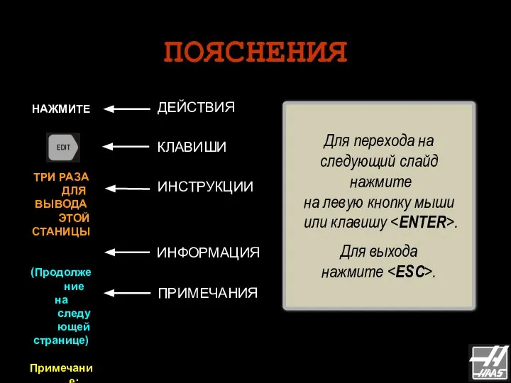 ПОЯСНЕНИЯ ДЕЙСТВИЯ ИНСТРУКЦИИ КЛАВИШИ ИНФОРМАЦИЯ Для перехода на следующий слайд нажмите