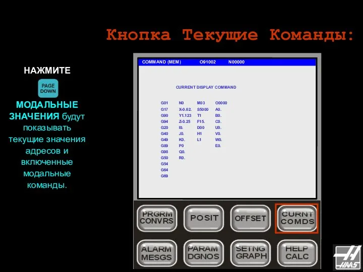 Кнопка Текущие Команды: COMMAND (MEM) O91002 N00000 НАЖМИТЕ МОДАЛЬНЫЕ ЗНАЧЕНИЯ будут