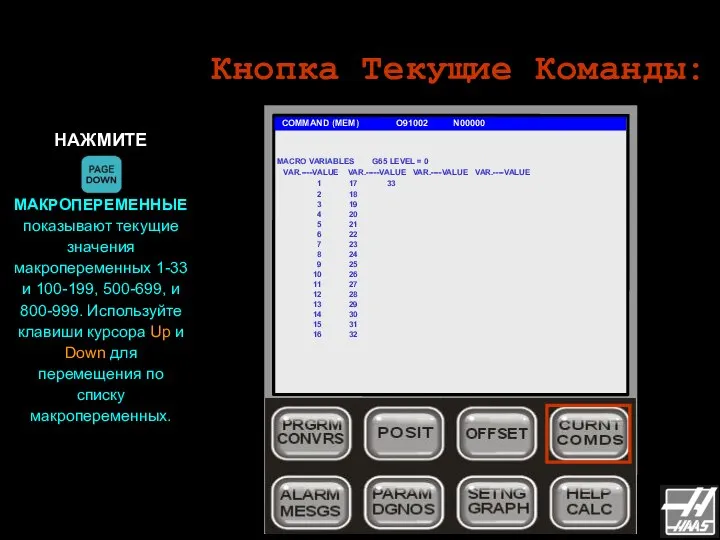 Кнопка Текущие Команды: COMMAND (MEM) O91002 N00000 НАЖМИТЕ МАКРОПЕРЕМЕННЫЕ показывают текущие