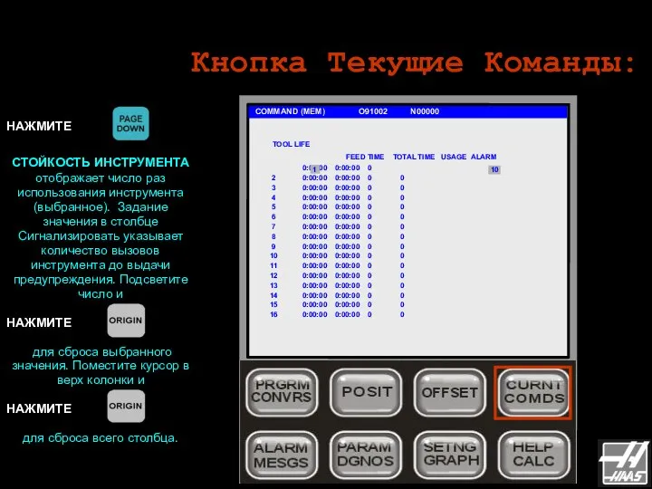 Кнопка Текущие Команды: COMMAND (MEM) O91002 N00000 НАЖМИТЕ СТОЙКОСТЬ ИНСТРУМЕНТА отображает