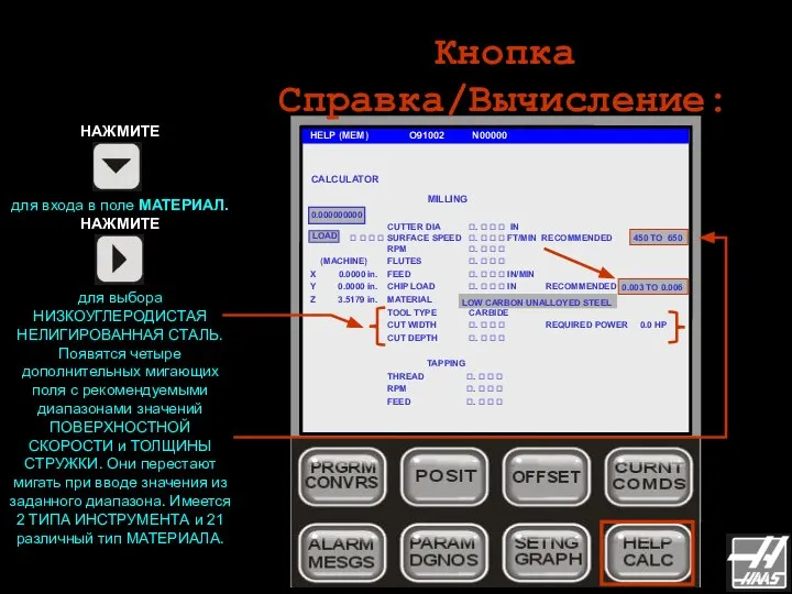 Кнопка Справка/Вычисление: HELP (MEM) O91002 N00000 LOAD MILLING НАЖМИТЕ для входа