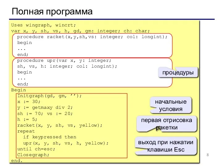 Полная программа Uses wingraph, wincrt; var x, y, sh, vs, h,