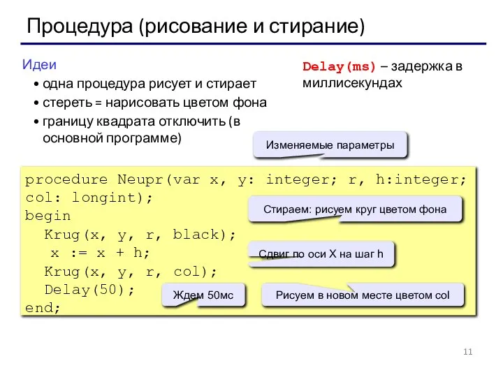 Процедура (рисование и стирание) procedure Neupr(var x, y: integer; r, h:integer;